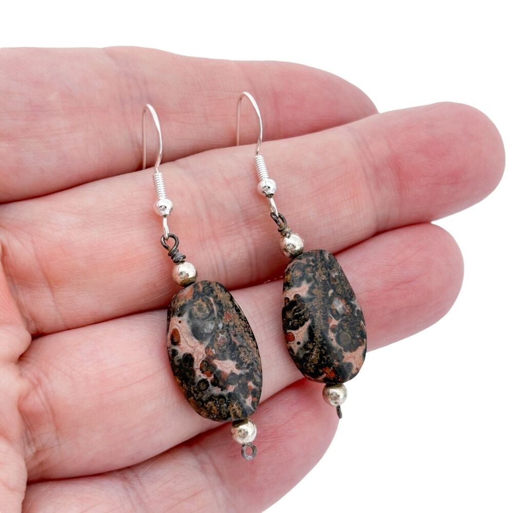 Vintage Sterling Silver 925 Jasper Oval Drop Earrings